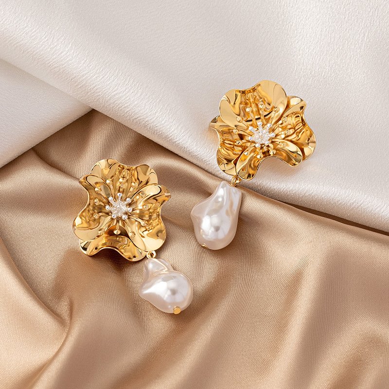 Gold floral drop earrings with sculpted flower design and dangling pearl – Shai Valley Global Collection
