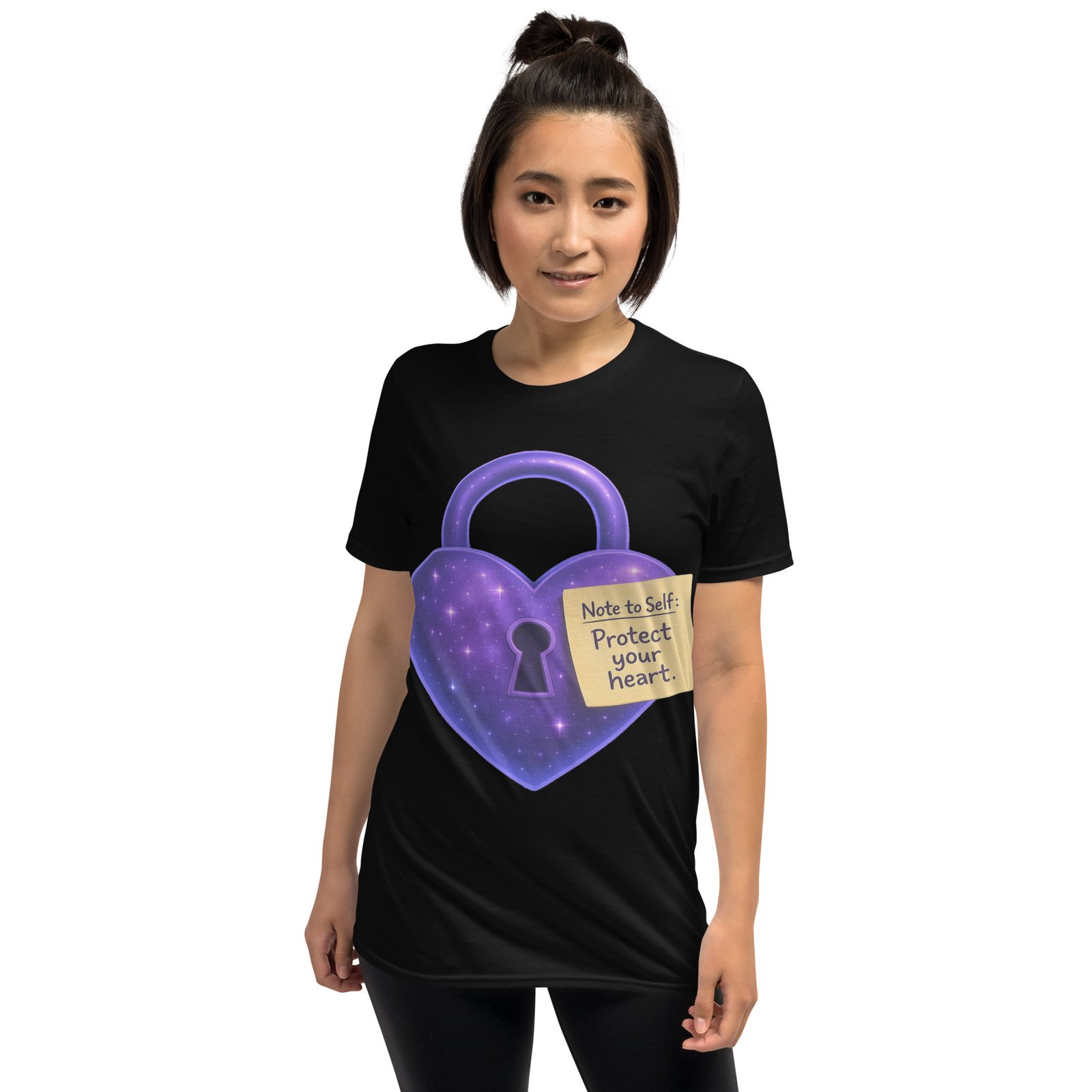 Black women's t-shirt with a purple heart-shaped padlock and sticky note reading “Note to Self: Protect your heart.”
