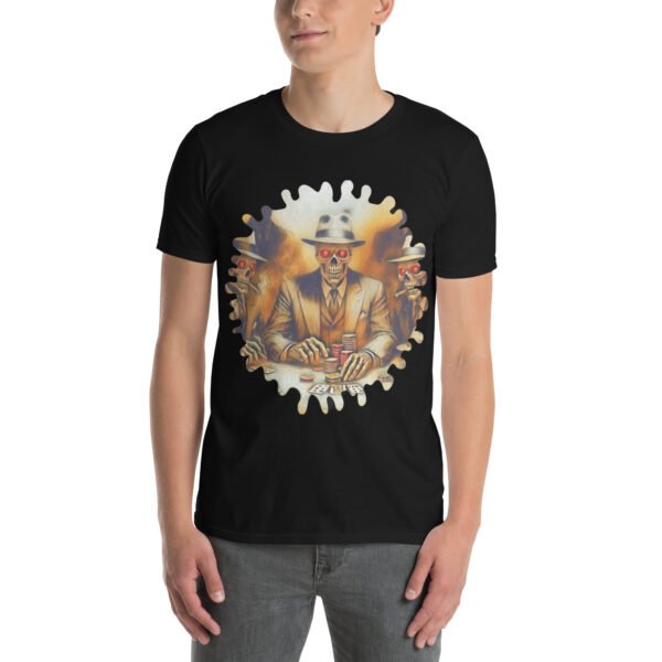 Black graphic tee featuring a skeleton mafia boss in a fedora and suit, surrounded by smoke and cards.