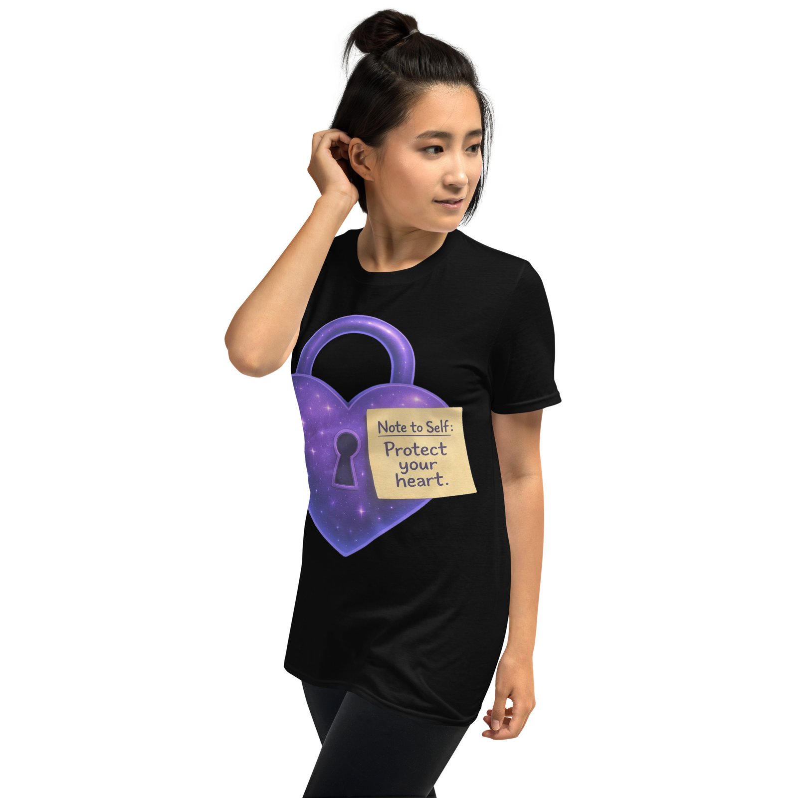 Black women's t-shirt with a purple heart-shaped padlock and sticky note reading “Note to Self: Protect your heart.”