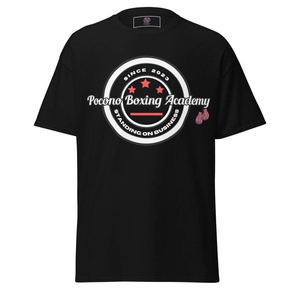 Black unisex t-shirt with Pocono Boxing Academy logo and “Standing on Business” design
