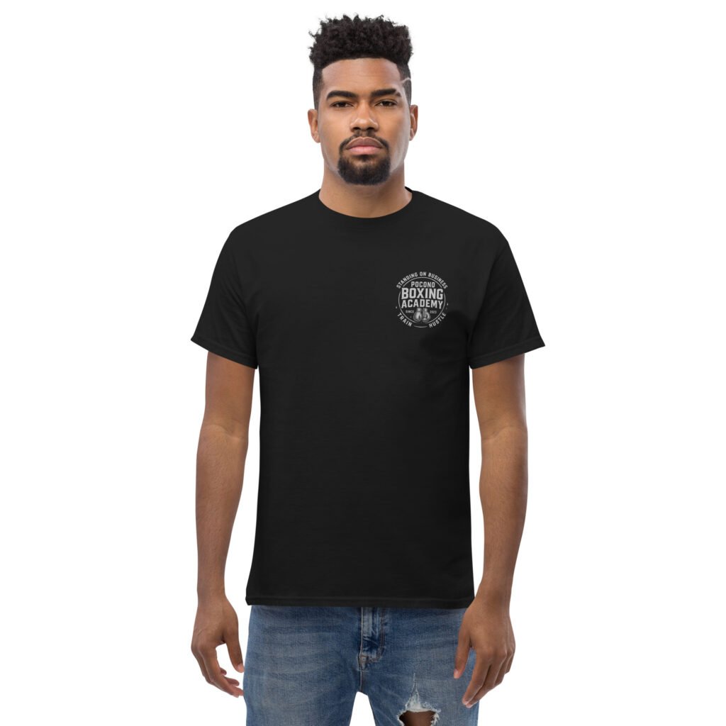Black unisex t-shirt with redesigned Pocono Boxing Academy chest logo on the front and large centered graphic on the back