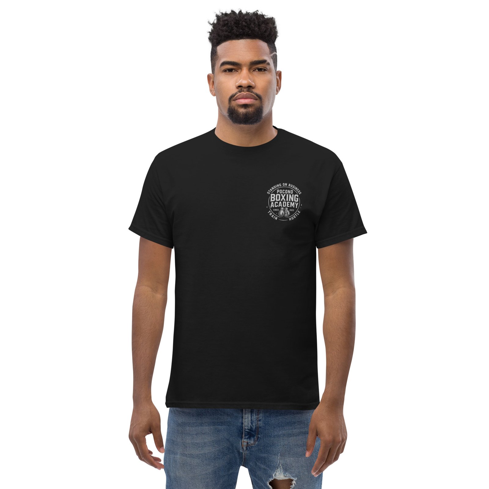 Black unisex t-shirt with redesigned Pocono Boxing Academy chest logo on the front and large centered graphic on the back