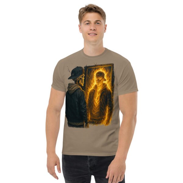 Brown graphic t-shirt with fiery mirror design showing a man facing his skeleton reflection surrounded by glowing flames.