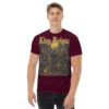 Maroon t-shirt with “King Reigns” graphic featuring a crowned king golfing beside a golf cart, bold golden lettering.