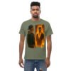 Military green graphic tee featuring a man staring into a fiery mirror with a skeleton reflection.