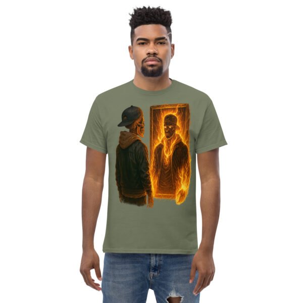 Military green graphic tee featuring a man staring into a fiery mirror with a skeleton reflection.