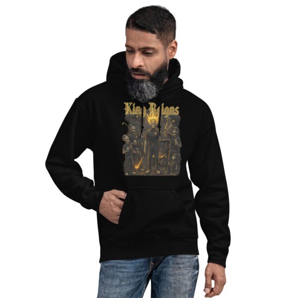 Black hoodie with golden “King Reigns” graphic featuring skeletons playing golf in a dramatic scene.