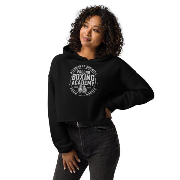 Black cropped women’s hoodie featuring redesigned Pocono Boxing Academy logo