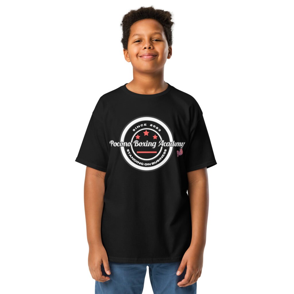 Youth black t-shirt with Pocono Boxing Academy “Standing on Business” circular logo design