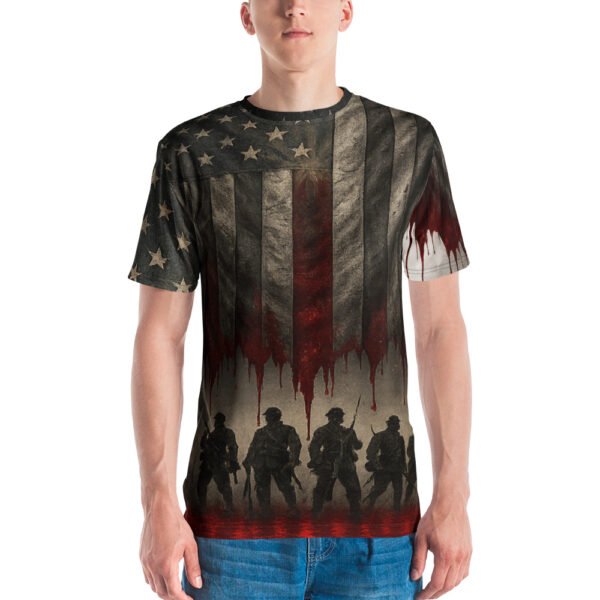 Patriotic American flag graphic t-shirt with blood-drip design and soldier silhouettes – Shai Valley