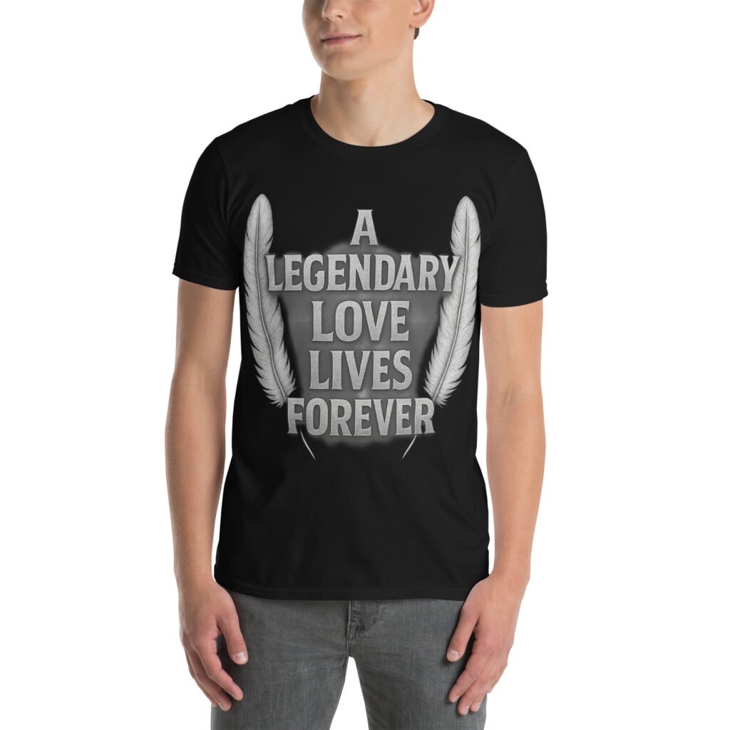 Memorial graphic t-shirt with “A Legendary Love Lives Forever” text and feather design – Shai Valley