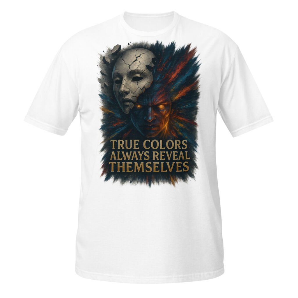 White graphic tee with cracked mask design and text True Colors Always Reveal Themselves