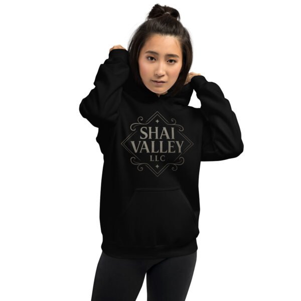 Black unisex hoodie with Shai Valley LLC diamond logo design – lifestyle apparel