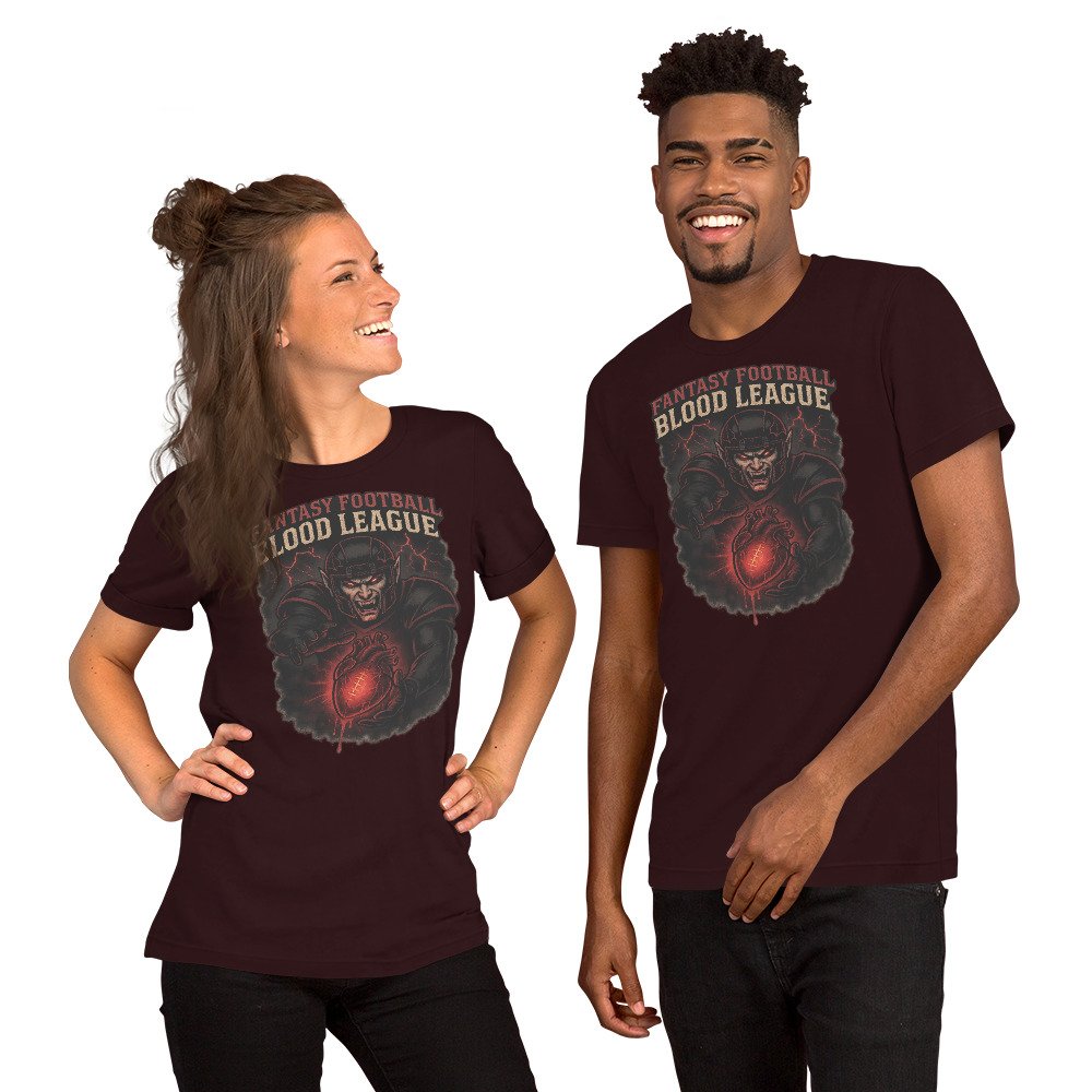 Man and woman wearing Fantasy Football Blood League unisex t-shirt