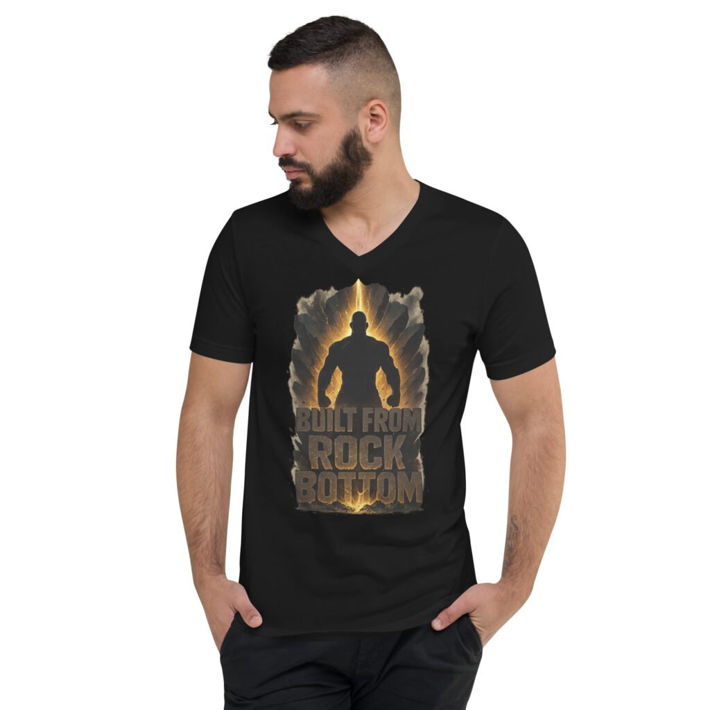 Men’s v-neck graphic t-shirt with bold “Built From Rock Bottom” design and powerful silhouette – Shai Valley