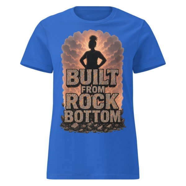 Royal blue women’s motivational t-shirt with bold “Built From Rock Bottom” design – Shai Valley
