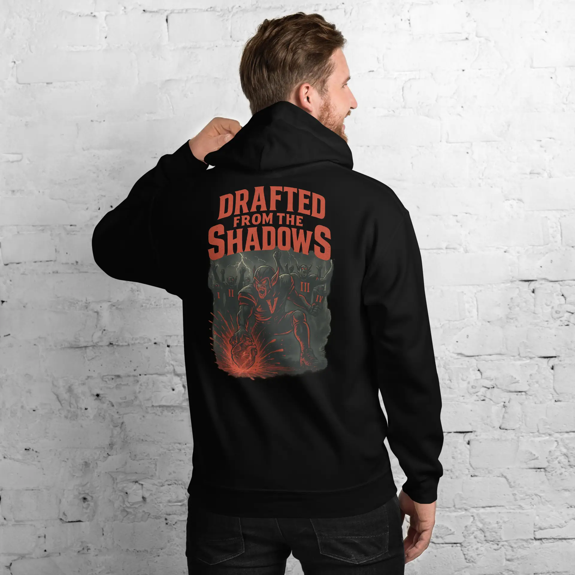 Drafted From The Shadows vampire hoodie – universal fit black hoodie with front and back gothic football design