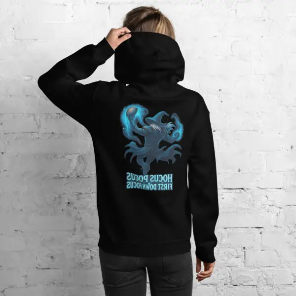 Back view of black Hocus Pocus Fantasy Football Hoodie with teal wizard design – Shai Valley