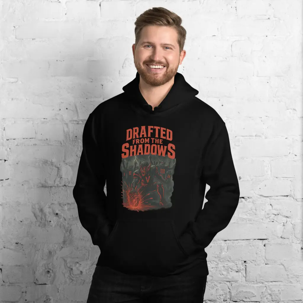 Drafted From The Shadows vampire hoodie – universal fit black hoodie with front and back gothic football design