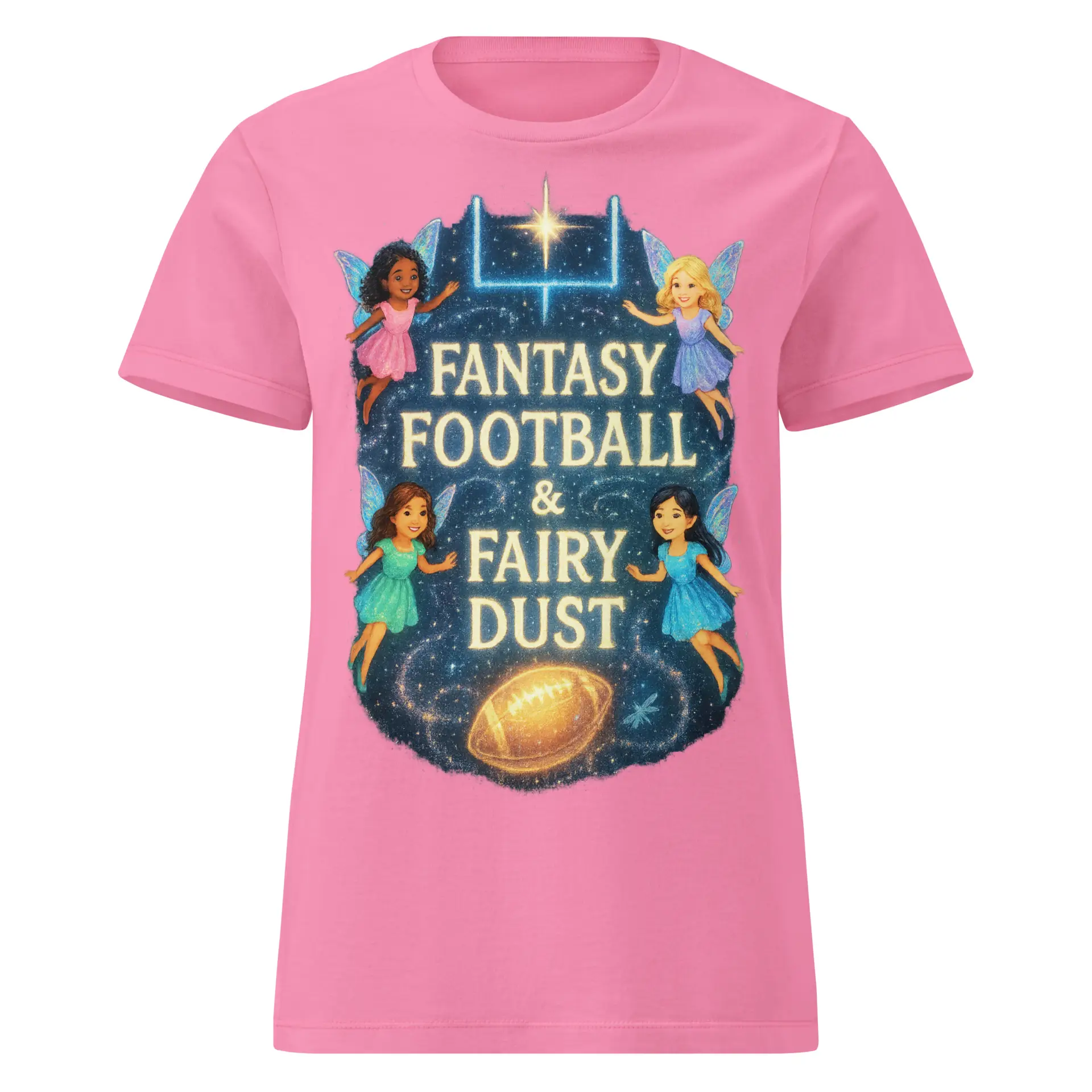 “Fantasy Football & Fairy Dust pink women’s t-shirt with fairies”