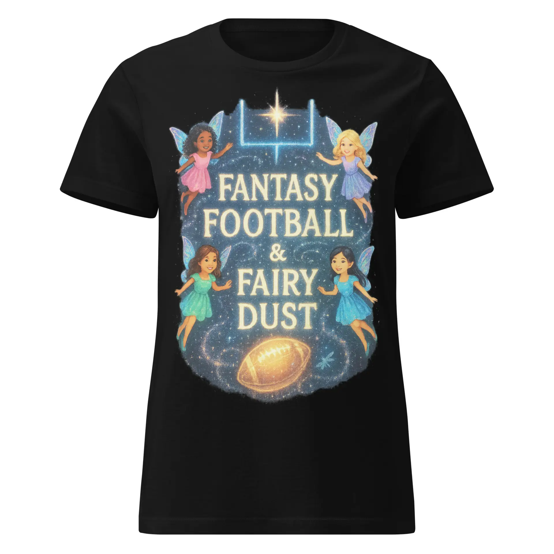 “Fantasy Football & Fairy Dust pink women’s t-shirt with fairies”