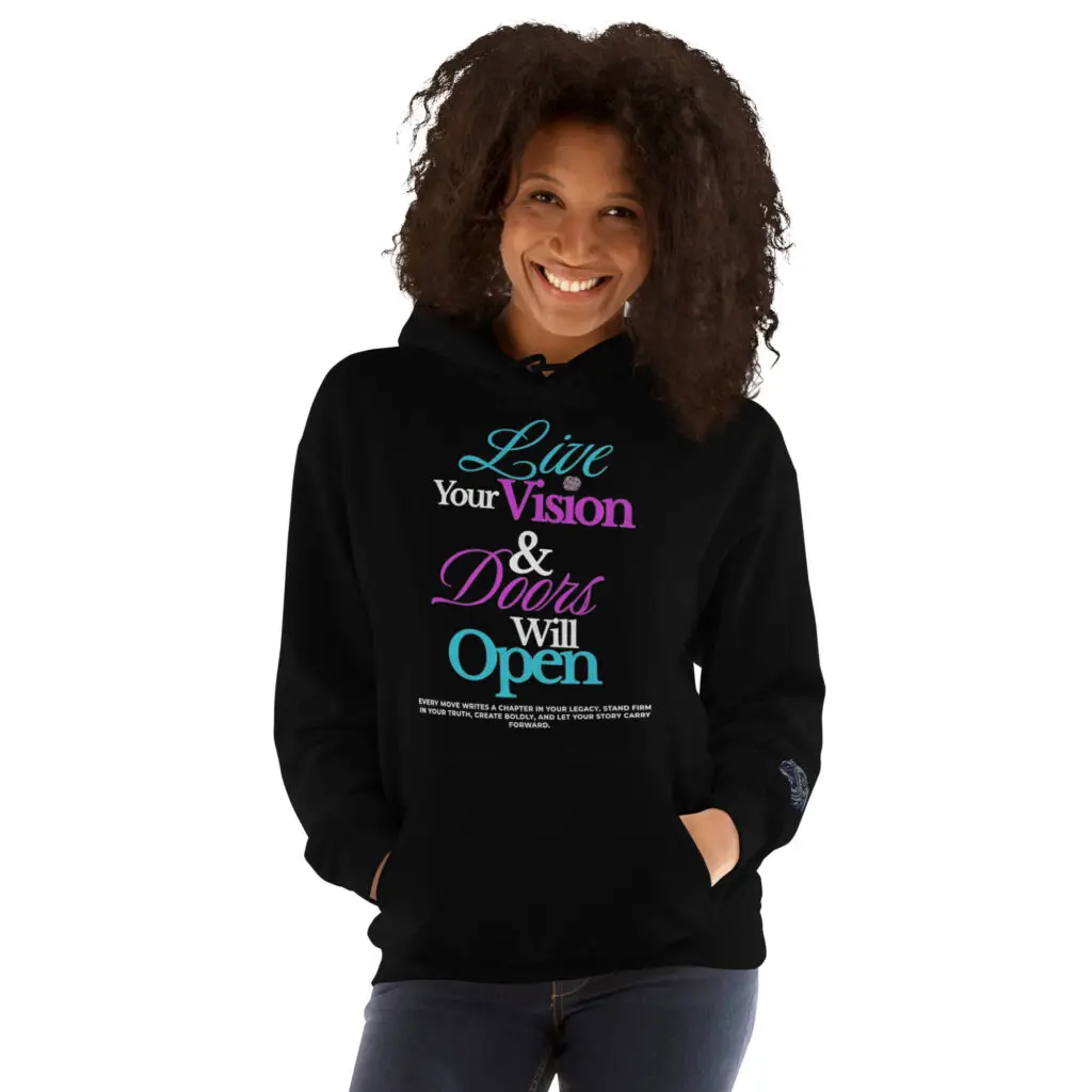 Live Your Vision Hoodie by Shai Valley front view motivational hoodie for women