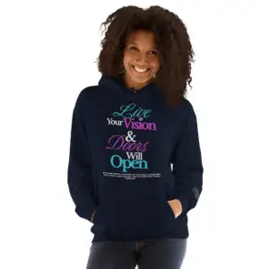 Live Your Vision Hoodie by Shai Valley front view motivational hoodie for women
