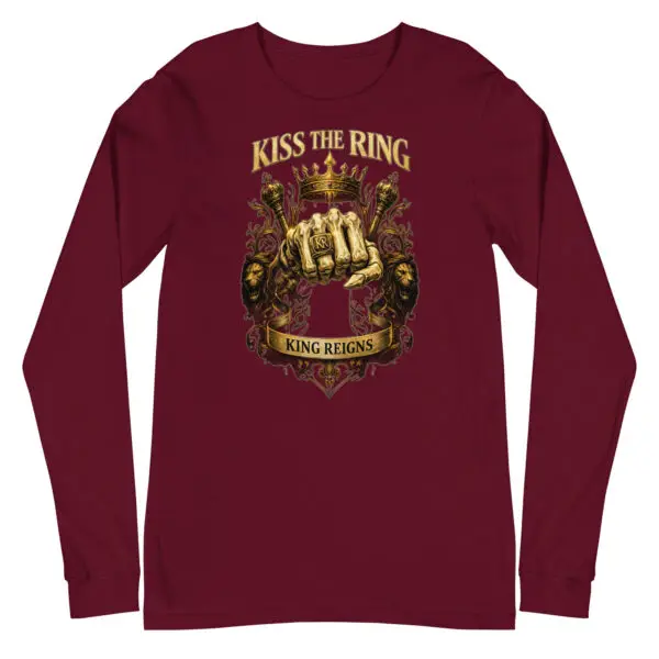 Kiss the Ring Long Sleeve Tee | King Reigns by Shai Valley 5 unisex long sleeve tee maroon front 697e617d8d19d