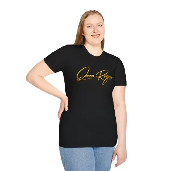 Queen Reigns Signature Tee by Shai Valley | Luxury Streetwear Graphic Shirt 1 Queen Reigns gold script graphic shirt by Shai Valley luxury streetwear
