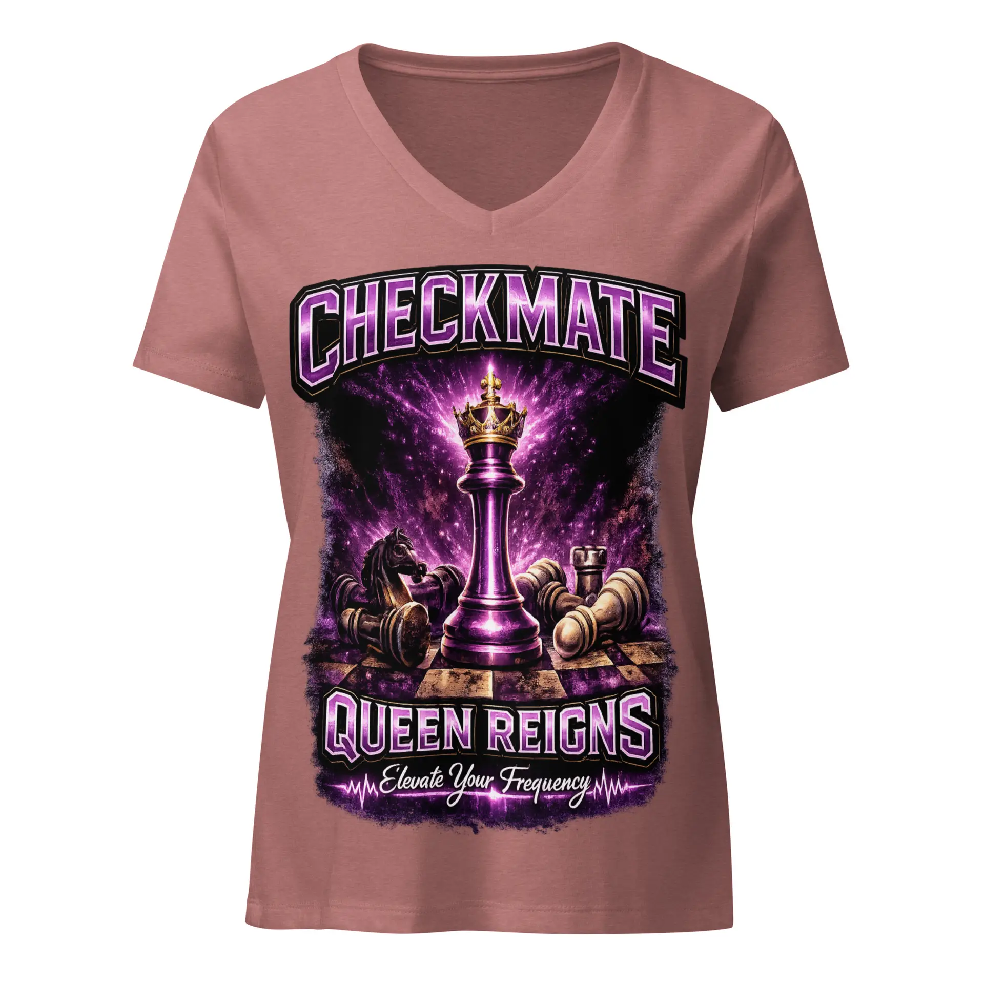 Queen Reigns Checkmate Graphic Tee chess crown design on black women's v neck t shirt