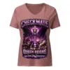Queen Reigns Checkmate women’s taupe graphic t-shirt with purple energy design and crown artwork