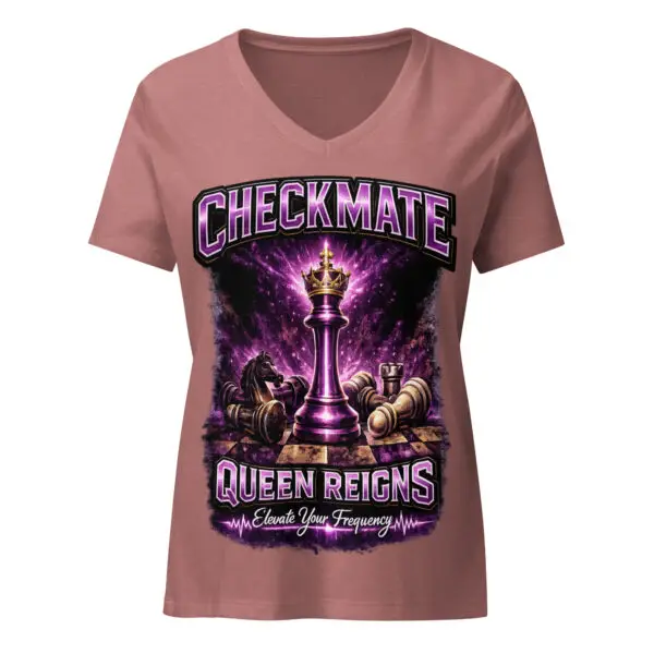 Queen Reigns Checkmate women’s taupe graphic t-shirt with purple energy design and crown artwork
