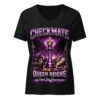 Queen Reigns Checkmate Graphic Tee chess crown design on black women's v neck t shirt