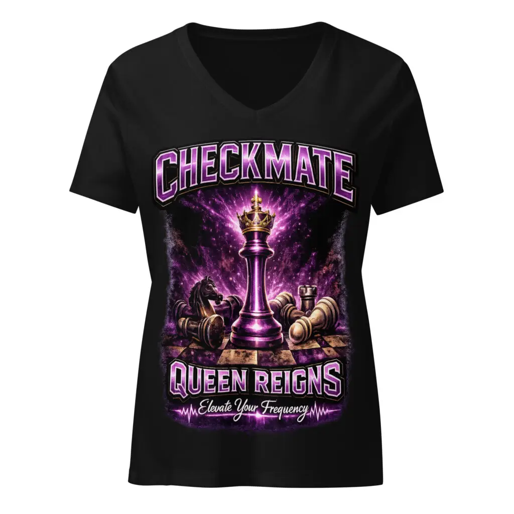Queen Reigns Checkmate Graphic Tee chess crown design on black women's v neck t shirt
