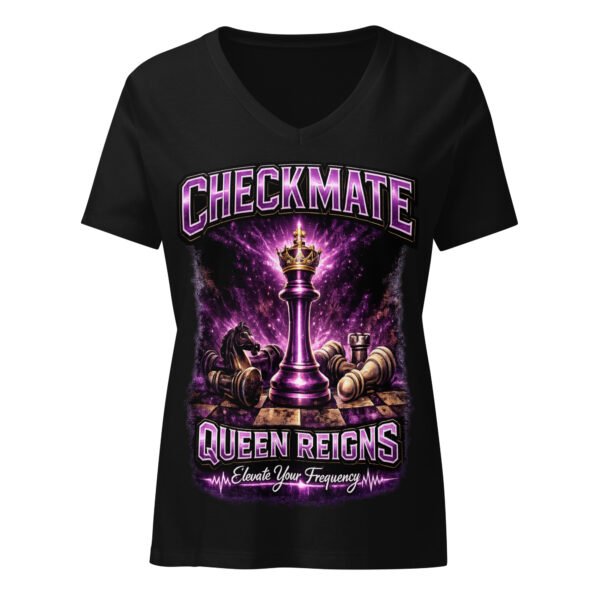 Checkmate Graphic Tee | Shai Valley 15 Queen Reigns Checkmate Graphic Tee chess crown design on black women's v neck t shirt