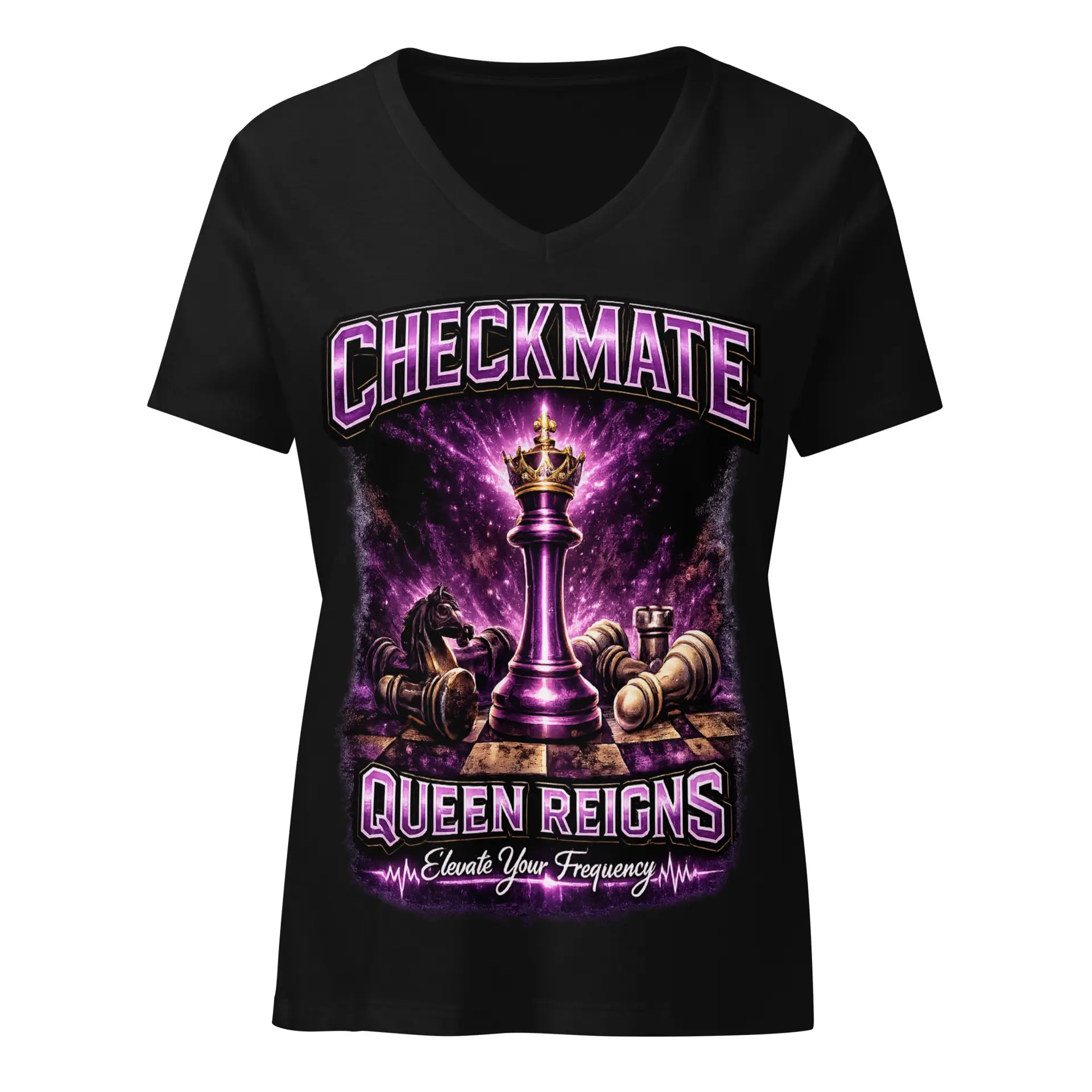 Queen Reigns Checkmate Graphic Tee chess crown design on black women's v neck t shirt