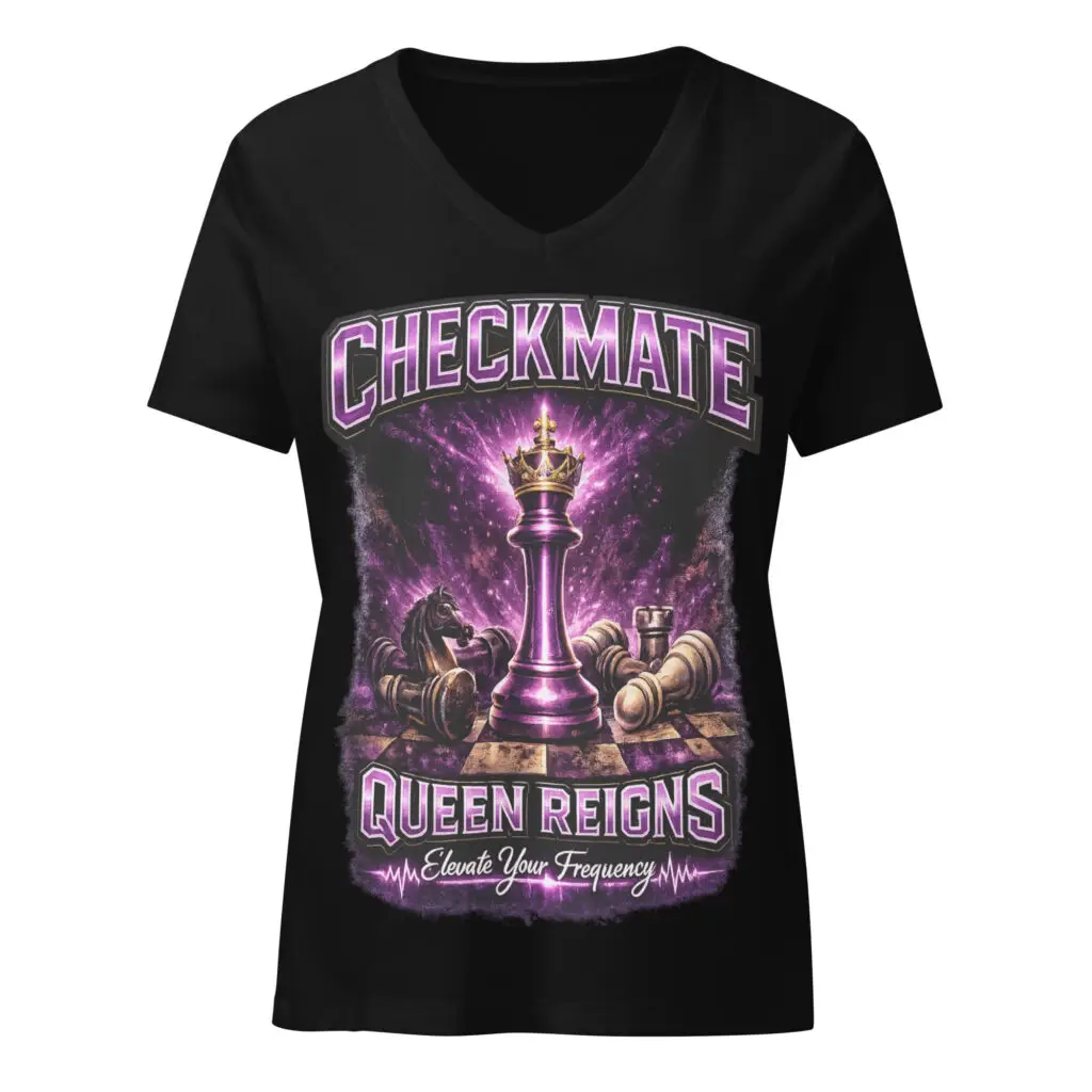 Queen Reigns Checkmate women’s black graphic t-shirt with purple energy design and crown artwork
