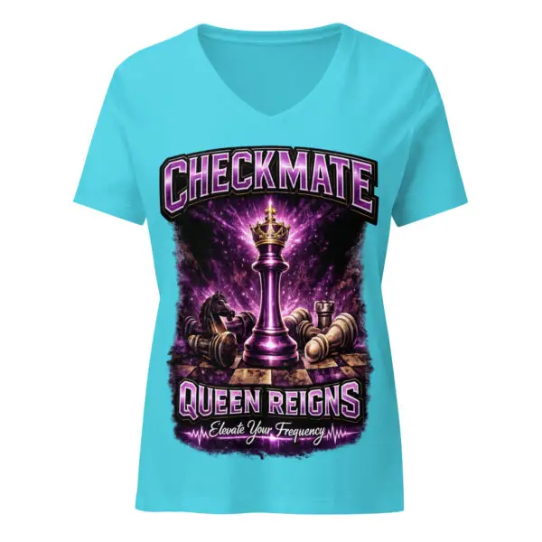 Queen Reigns Checkmate women’s turquoise graphic t-shirt with purple energy design and crown artwork